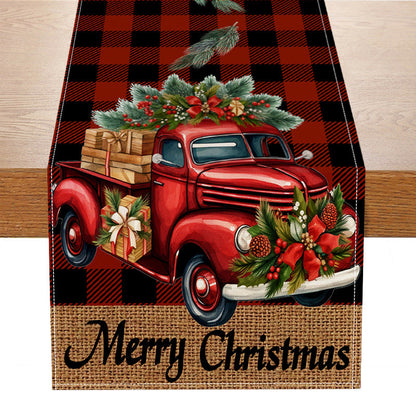 Red car printed table flag Christmas red black checkered linen living room decoration tablecloth