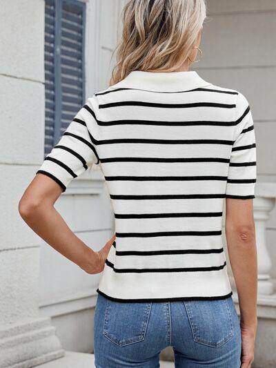 Striped Johnny Collar Short Sleeve Sweater for Women