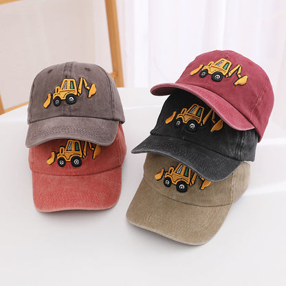 Children's Water-washed Embroidered Digging Machine Baseball Cap For Outdoor Leisure, Sun Protection, Versatile And Stylish.