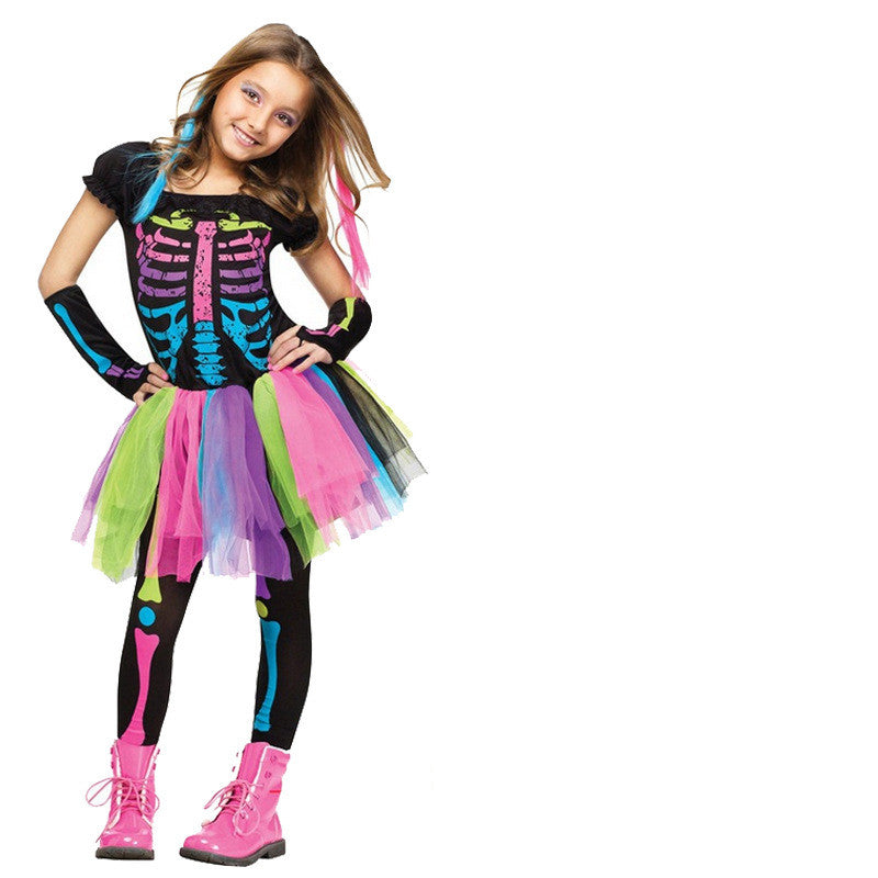 Halloween Cosplay Masquerade Children's Rainbow Skull Skeleton Costume