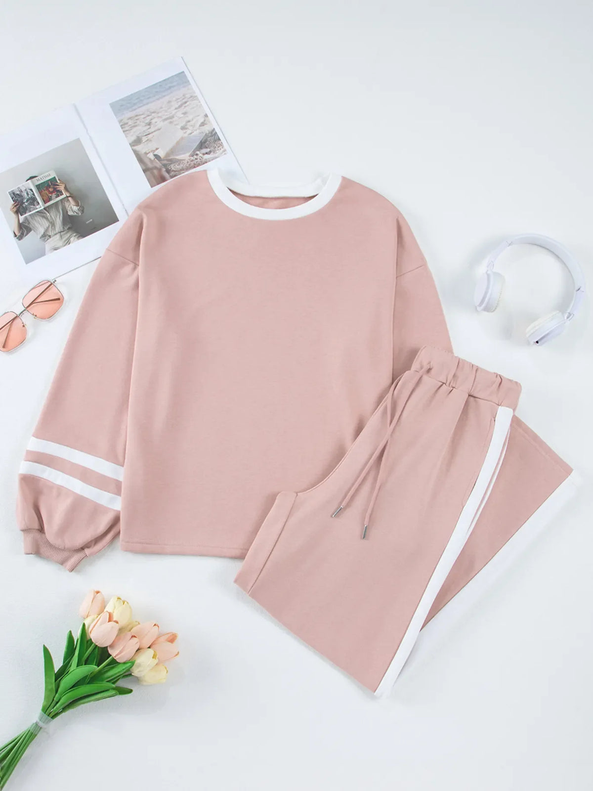 Contrast Trim Round Neck Top and Pants Set