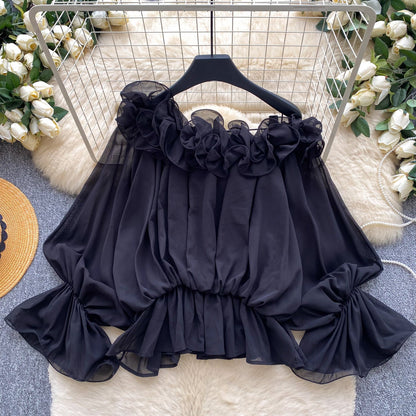 Womens Solid-color Off-shoulder Chiffon Blouse With Ruffled Trim
