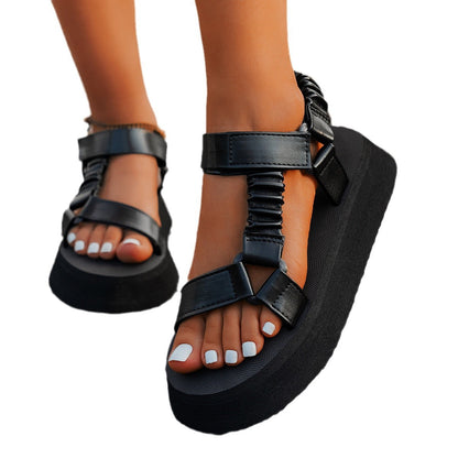 Plus-size Thick-soled Color-block Beach Sandals With Velcro Straps