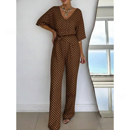 Solid-color V-neck Casual Mid-length Sleeve Dress With Belt