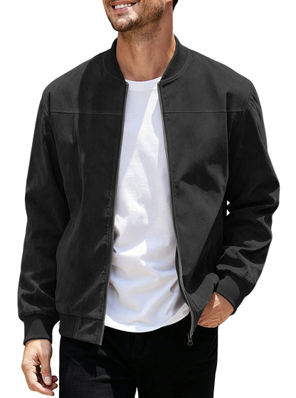 Cross-Border European And American  Men's Suede Zipper Jacket With Solid Color Patchwork Design, Simple Solid Color Outerwear