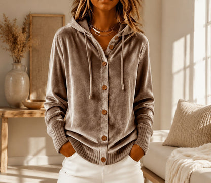 Buttoned Velvet Hooded Cardigan Solid-Color Coat For Women