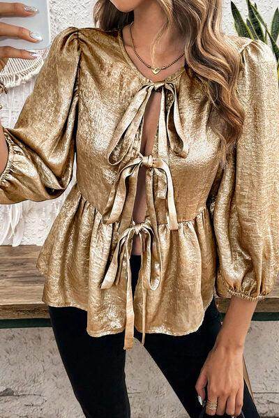 Tied Peplum Three-Quarter Sleeve Blouse for Women
