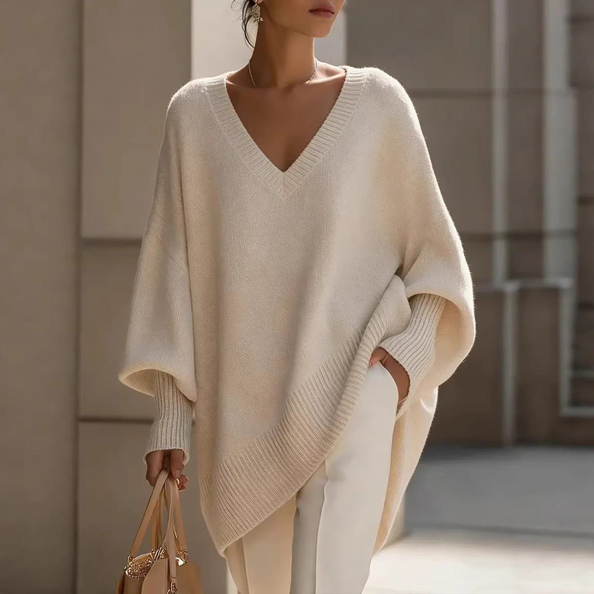 Women's V Neck Oversized Knit Sweater, Long Sleeve Solid Color Lazy Style Loose Asymmetric Hem Pullover Top For Spring Daily Wear