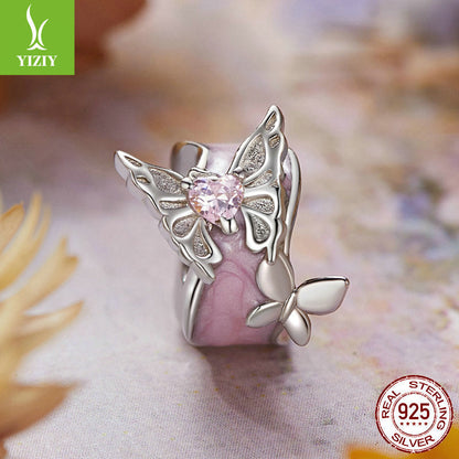 Silver Charm Pink Butterfly DIY Silicone Positioning Bracelet with Separated Beads Romantic Spring Day s925 Pure Silver Beads Loose Beads