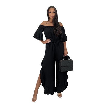 European And American Solid-color Off-shoulder Jumpsuit With A Belt