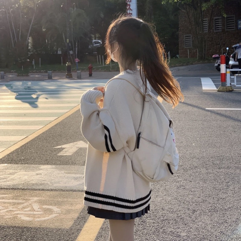 Design-focused Relaxed-fit Preppy-style Long-sleeve Knitted Cardigan