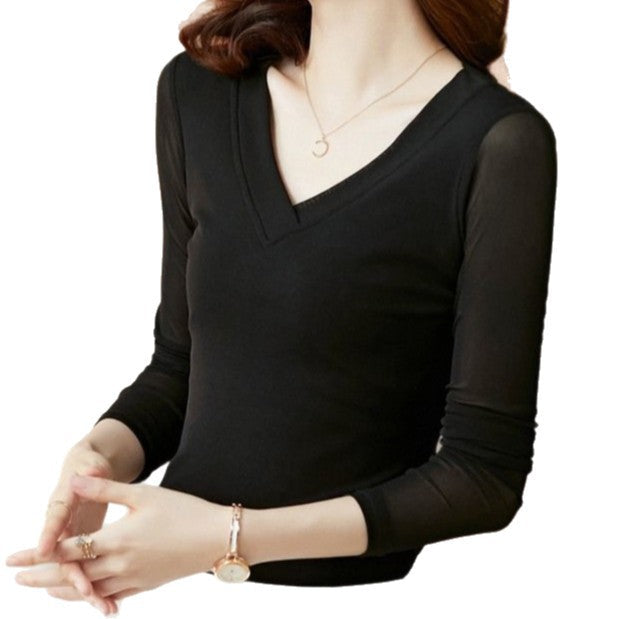 Slimming V-neck Solid-color Mesh Base Top