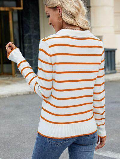 Striped Johnny Collar Long Sleeve Sweater for Women