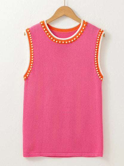 Contrast Trim Pearl Detail Sweater Tank Top