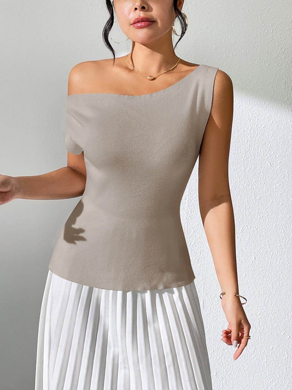 Single Shoulder Short Sleeve Knit Top for Women Fashion