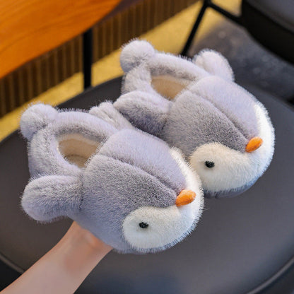 Warm Fleece-lined Fluffy Penguin Cotton Slippers For Boys And Girls