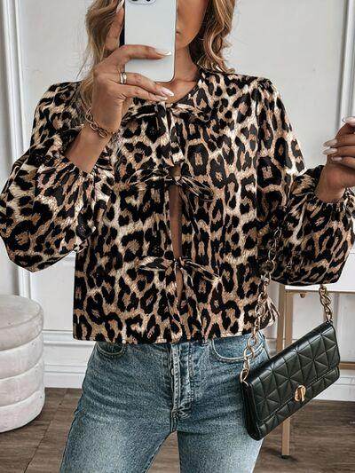 Tied Leopard Round Neck Long Sleeve Top for Women