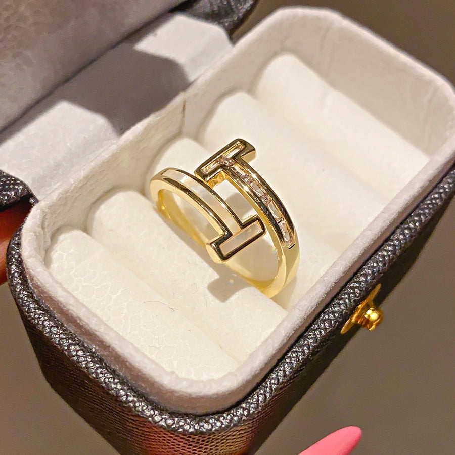 14k Real Gold Plated Zircon And Mother-of-pearl Double-layer Open Ring, Simple And Stylish Index Finger Ring, Light Luxury With A High-end Feel