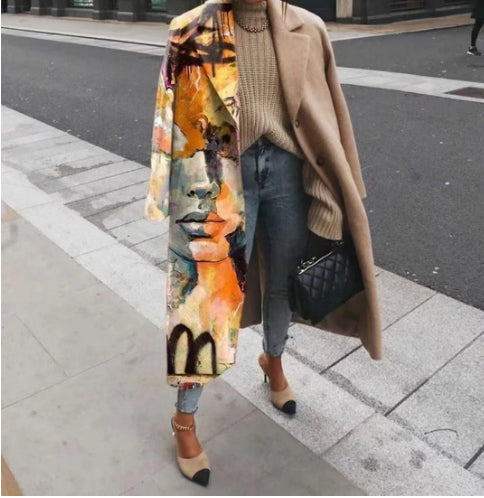 Colorblock Checked Long Sleeve Lapel Printed Jacket Wool Coat
