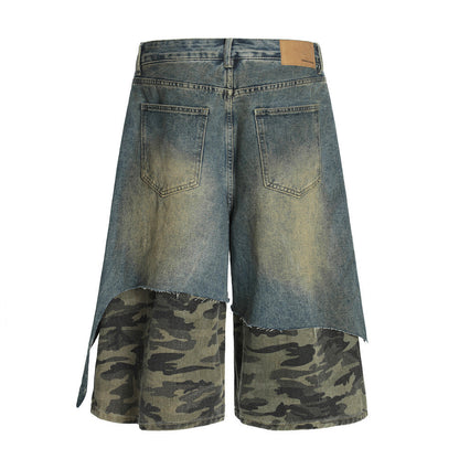 Post-Apocalyptic Style Distressed Patchwork Camouflage Seven-Quarter Denim Pants Men's Summer Fake Two-Piece Washed Frayed Hem Shorts