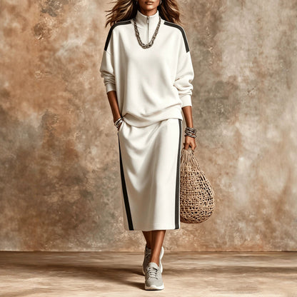 New Fallwinter Casual Chic Color-block Half-zip Sweatshirt And Loose-fitting Womens Set