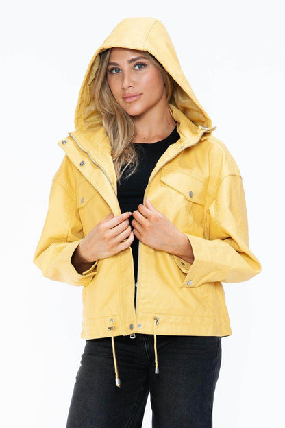 How Dare U Drawstring Hem PU Leather Zip Up Jacket for Women