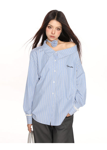 Blue Striped Shoulder Slimming Shirt Women's Long-sleeved Top