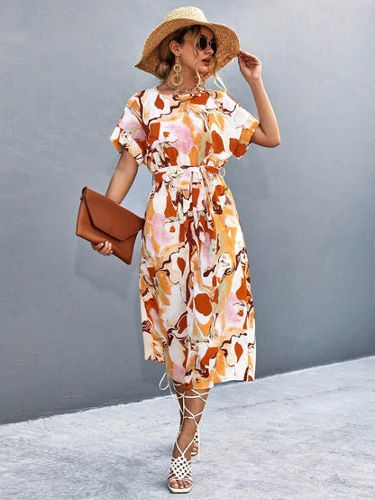 Round Neck Short Sleeve Tie Waist Midi Dress for Women