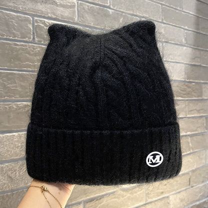 Cute Cat-ear Knitted Wool Warm Hat Versatile Face-slimming