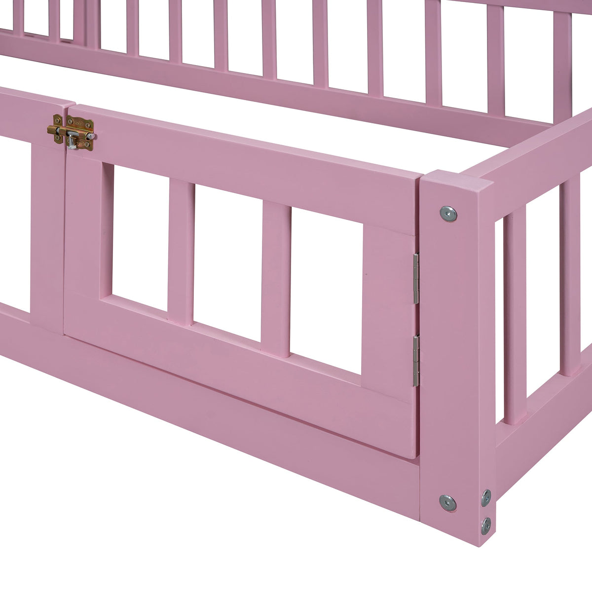 Wooden Twin Size Children's Bed with Detachable Headboard and Integrated Clothes Drying Rack, Pink