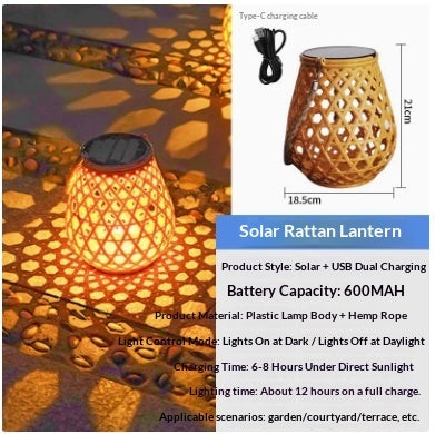 Outdoor Solar Lantern Lights Waterproof High Brightness Hanging Imitation Bamboo Weaving Hollowed Table Lamp Decoration