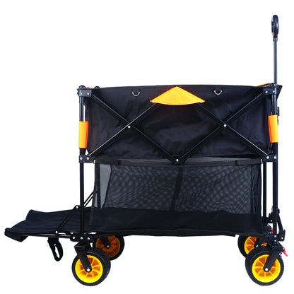 Big large capacity Folding cart Extra Long Extender Wagon Cart Folding Wagon Garden Shopping Beach Cart (black +orange)