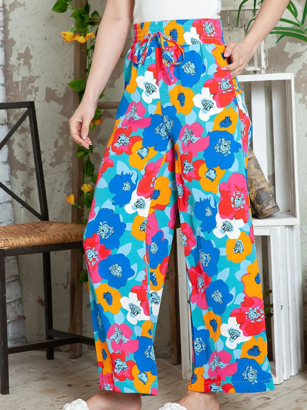 Personalized floral print high waisted straight leg pants for women