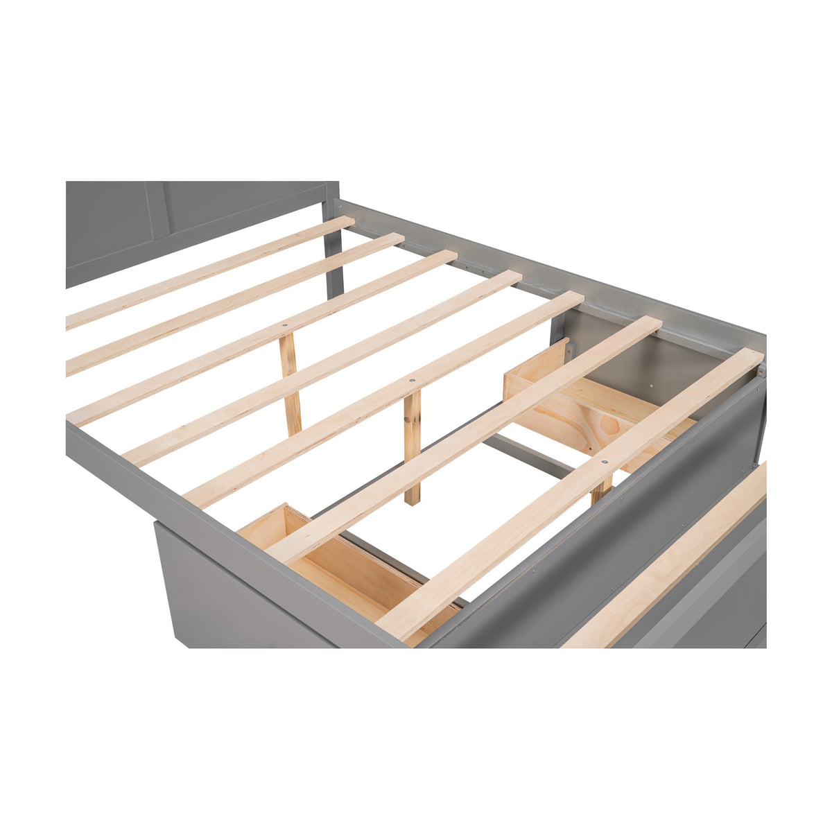 Full Size Platform Bed with Drawer on the Each Side and Shelf on the End of the Bed Gray