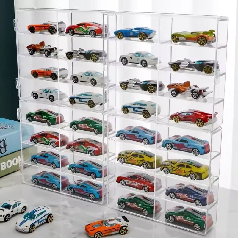 1:64 Acrylic Car Display Box – 8-grid, dustproof, stackable, transparent. Fits Hot Wheels.