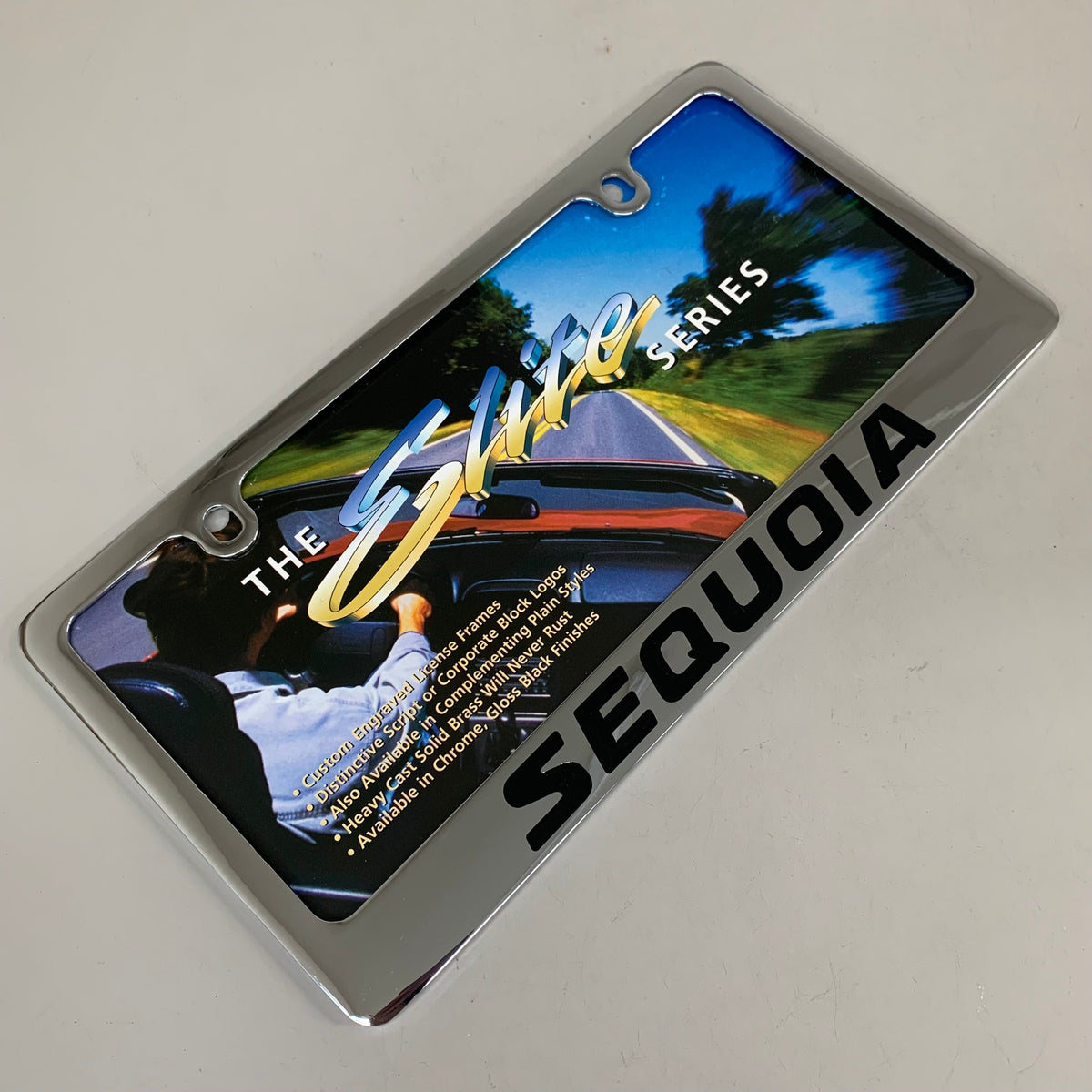 ELITE AUTOMOTIVE PRODUCTS Sequia Emblem Solid Brass License Plate Frame Chrome