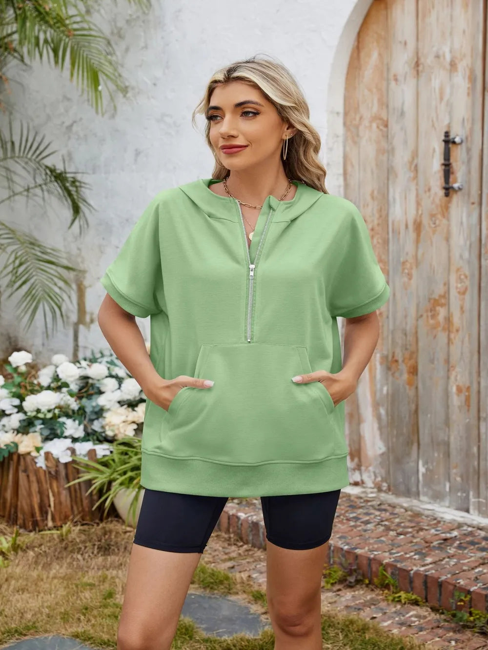 Half Zip Short Sleeve Hooded Top