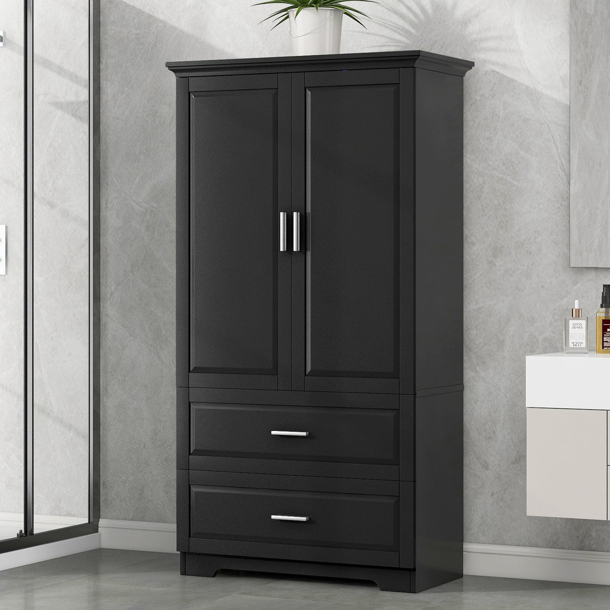 Tall Bathroom Storage Cabinet, Cabinet with Two Doors and Drawers, Adjustable Shelf, MDF Board, Black
