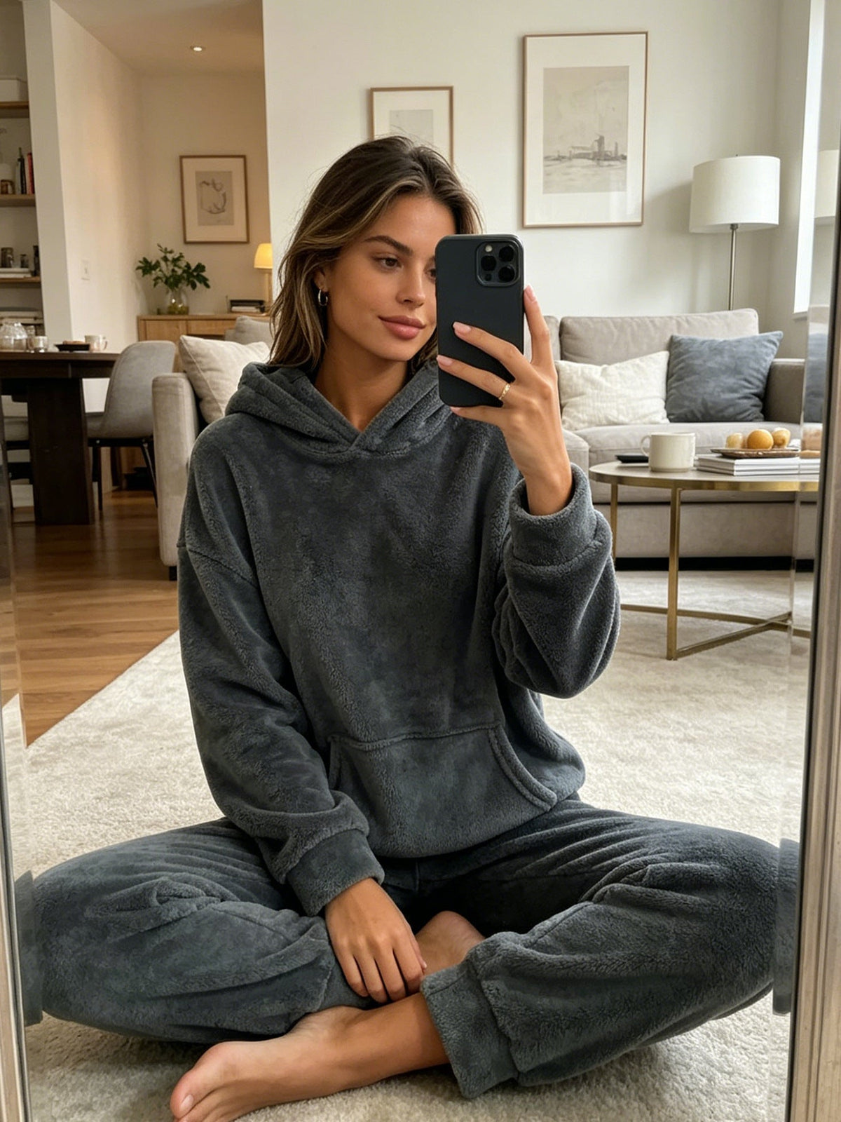 Solid-color Plush Womens Hooded Long-sleeve Sweatshirt And Pants Set