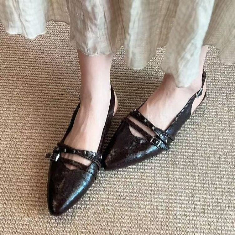 Women Retro Punk Rivet Studded Double Strap Slingback Flats, Pointed Toe Wrinkled Distressed Leather Cutout Metal Buckle Backless Slip On Casual Daily Mule Sandals