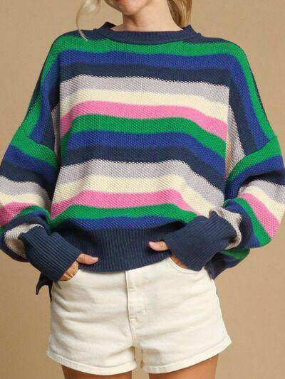 Contrast Striped Round Neck Long Sleeve Sweater for Women