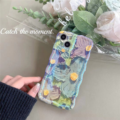 Retro Oil Painting Phone Case Blu-ray Flowers Shockproof Case For13 12 13pro 14pro 13 Pro Max Silicone Phone Cover