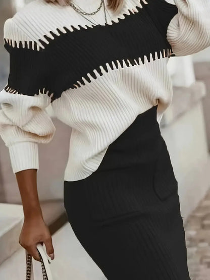 Two-Tone Ribbed Knit Top and Skirt Sweater Set