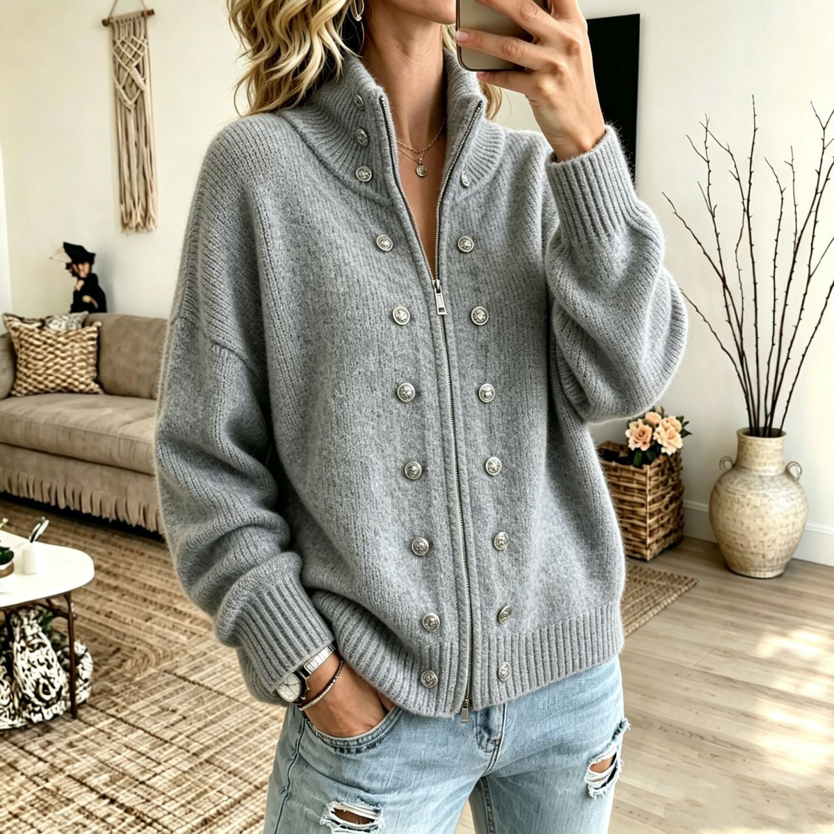 Women's Sweater Coat With Metal Buttons And Double Zippers