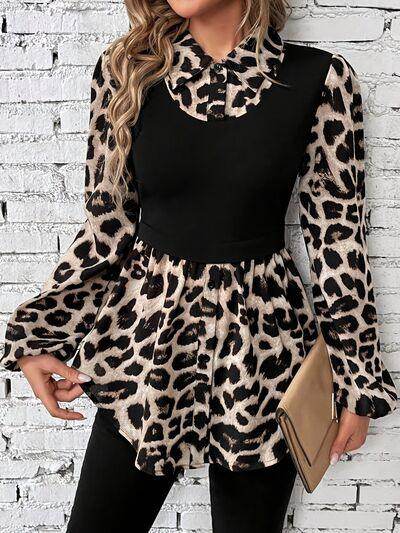 Leopard Collared Neck Balloon Sleeve Blouse for Women