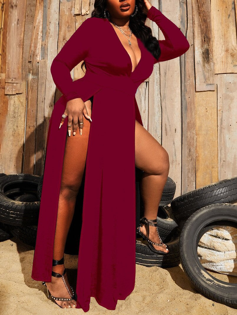 Waist-controlled Slit V-neck Plus-size Dress