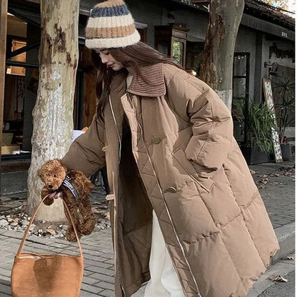 Womens Fashionable Knitted Long Cotton Coat With A Turn-Down Collar