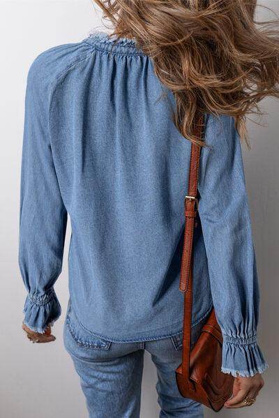 Half Button Long Sleeve Denim Top for Casual Style