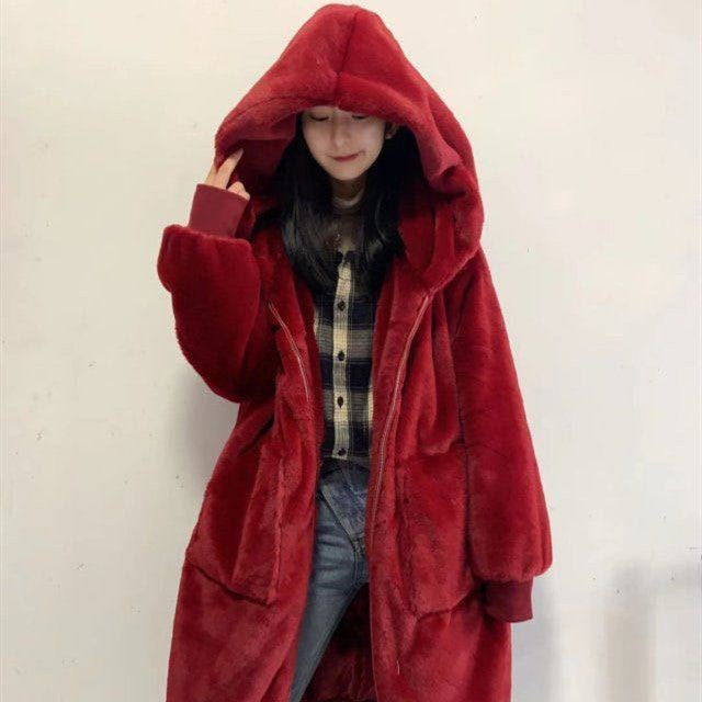 Rex Rabbit Fur Thickened Long Hooded Fur Coat Women