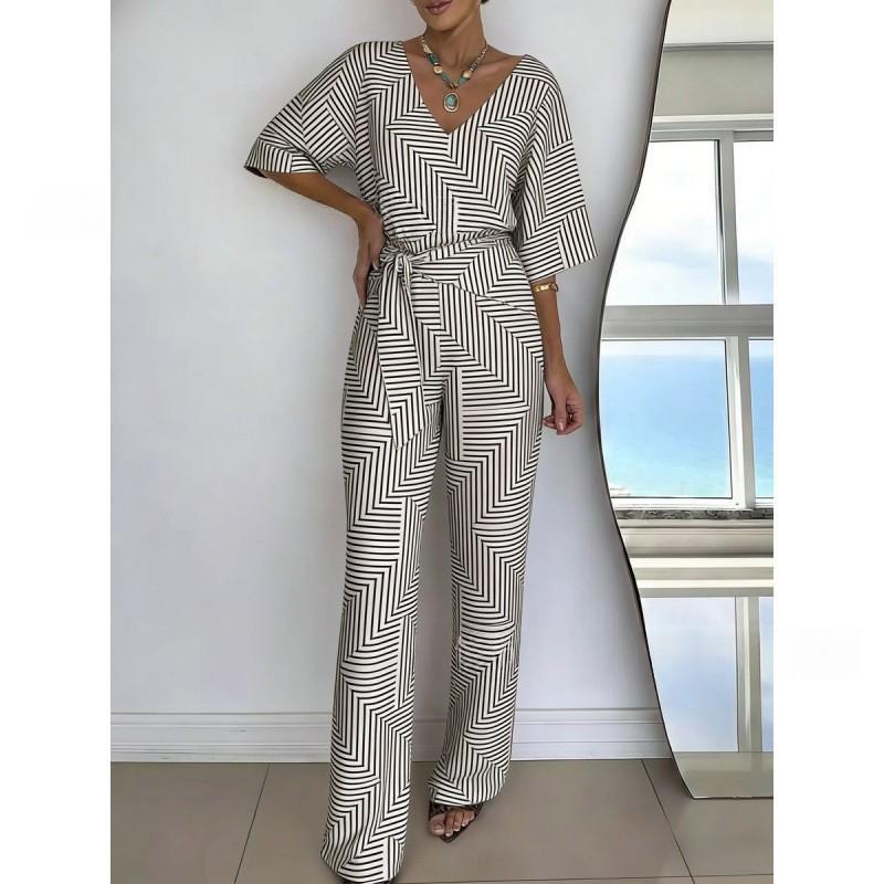 Solid-color V-neck Casual Mid-length Sleeve Dress With Belt